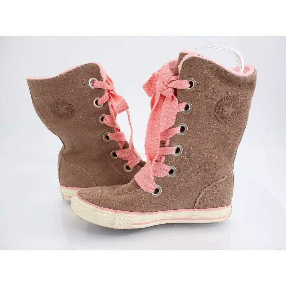 Converse All Star Chuck X-HI Boots US 2 Tan Suede Pink Faux Shearling Lace Up